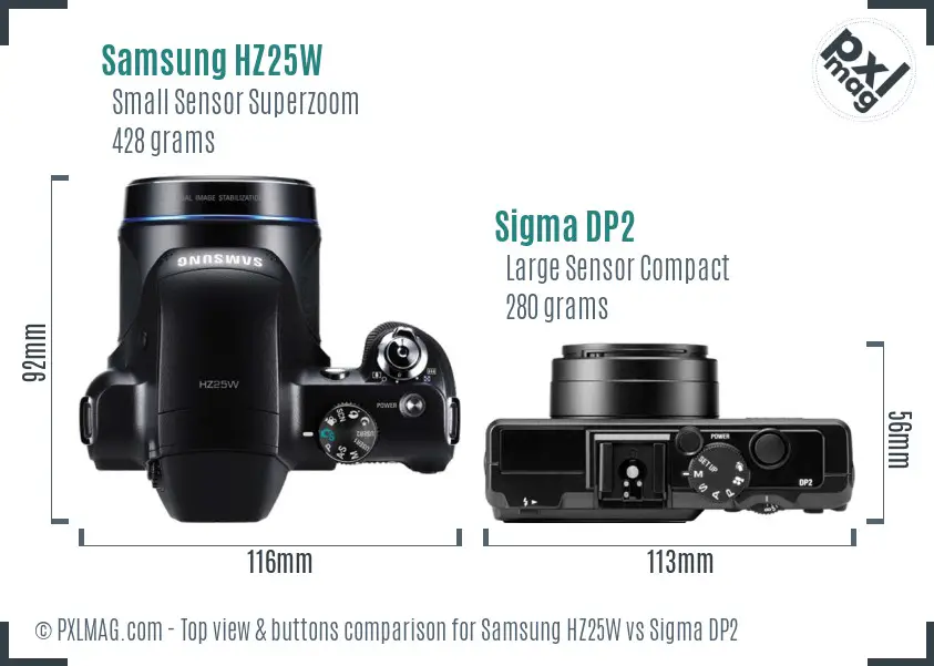 Samsung HZ25W vs Sigma DP2 top view buttons comparison