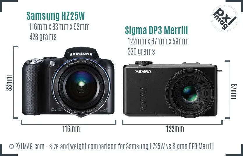 Samsung HZ25W vs Sigma DP3 Merrill size comparison