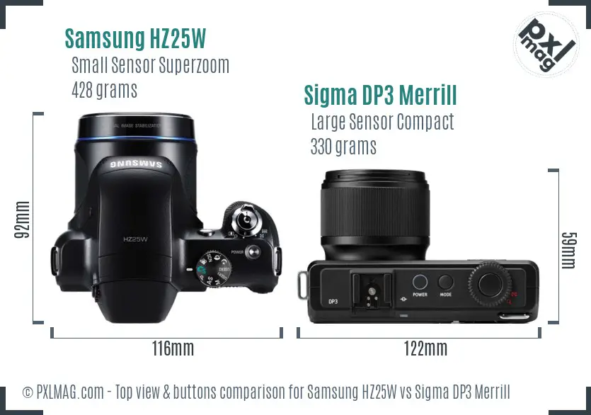 Samsung HZ25W vs Sigma DP3 Merrill top view buttons comparison