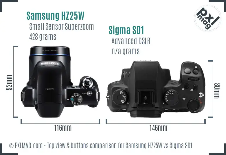 Samsung HZ25W vs Sigma SD1 top view buttons comparison