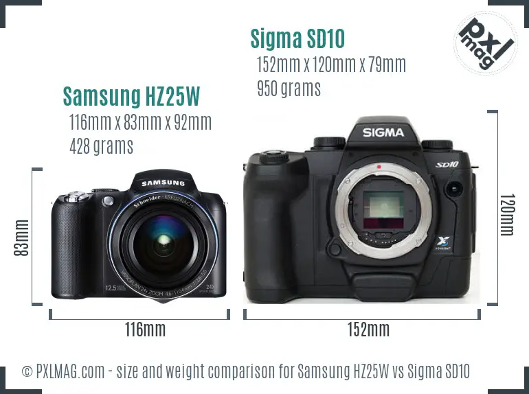Samsung HZ25W vs Sigma SD10 size comparison