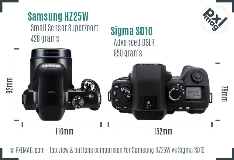 Samsung HZ25W vs Sigma SD10 top view buttons comparison