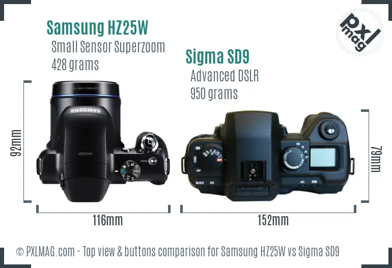 Samsung HZ25W vs Sigma SD9 top view buttons comparison