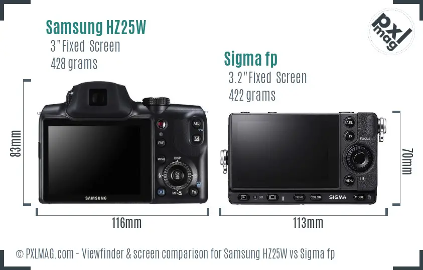 Samsung HZ25W vs Sigma fp Screen and Viewfinder comparison