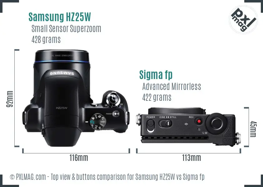 Samsung HZ25W vs Sigma fp top view buttons comparison