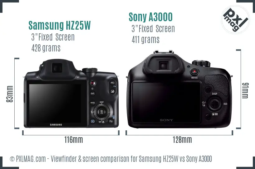 Samsung HZ25W vs Sony A3000 Screen and Viewfinder comparison