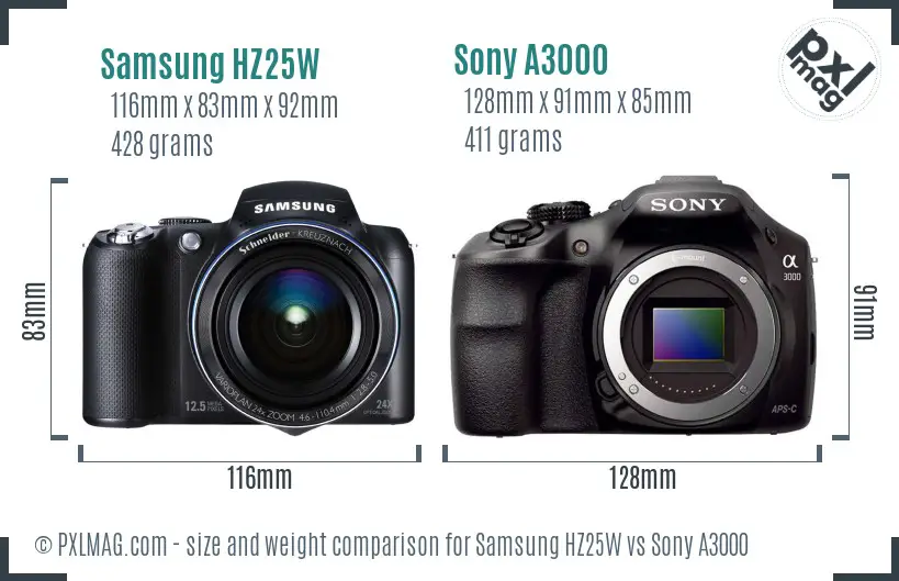 Samsung HZ25W vs Sony A3000 size comparison