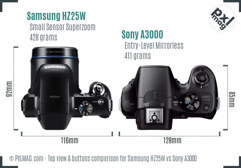 Samsung HZ25W vs Sony A3000 top view buttons comparison