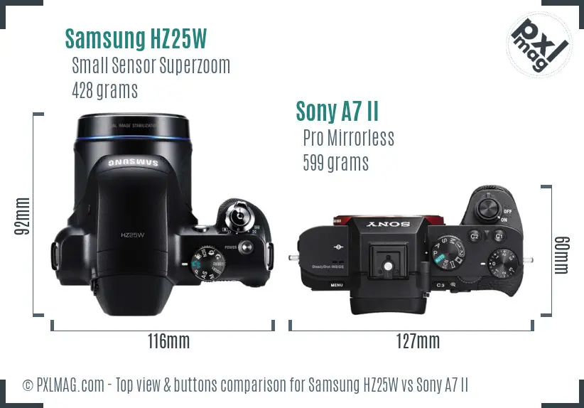 Samsung HZ25W vs Sony A7 II top view buttons comparison