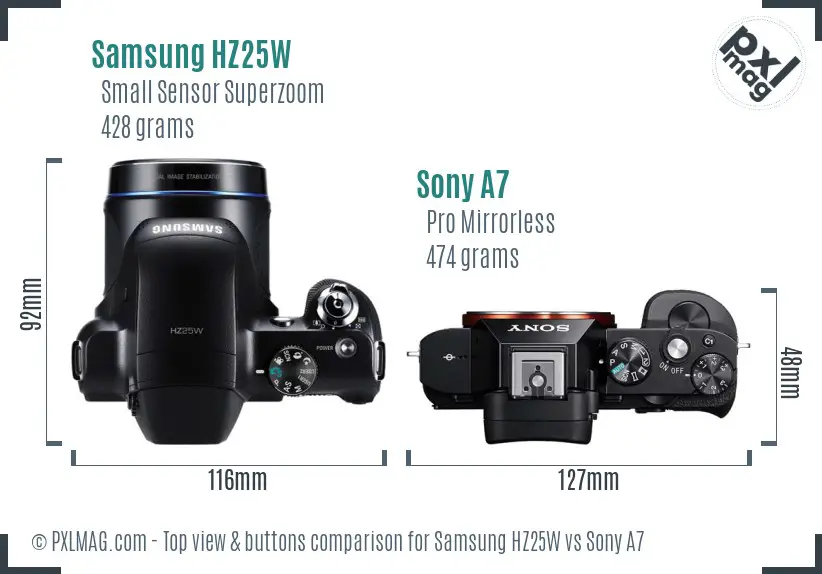 Samsung HZ25W vs Sony A7 top view buttons comparison