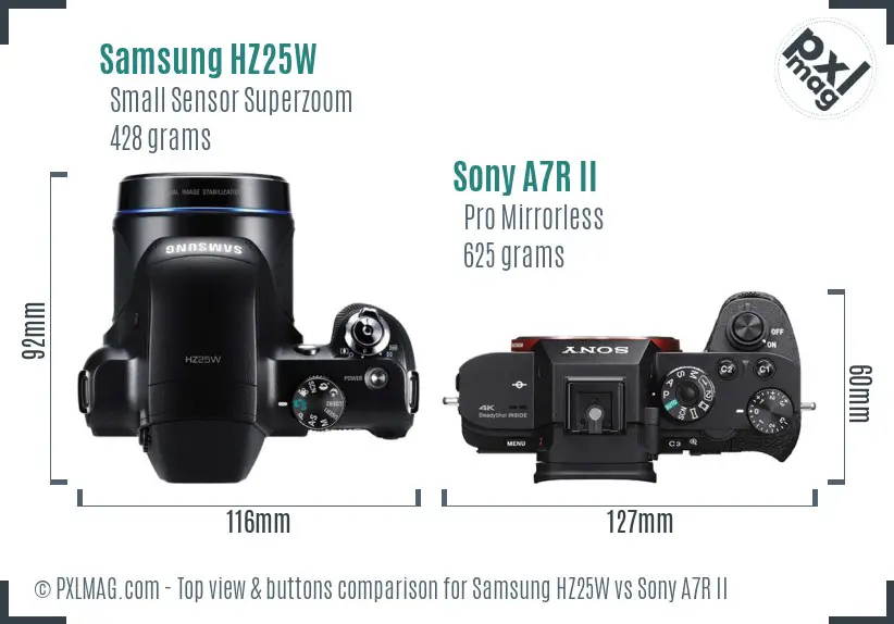 Samsung HZ25W vs Sony A7R II top view buttons comparison Samsung HZ25W vs Sony A7R II top view buttons comparison