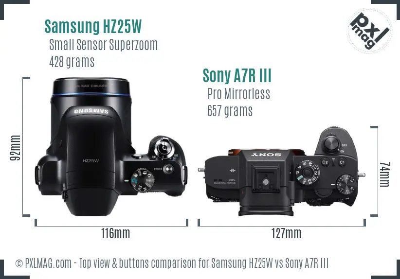 Samsung HZ25W vs Sony A7R III top view buttons comparison
