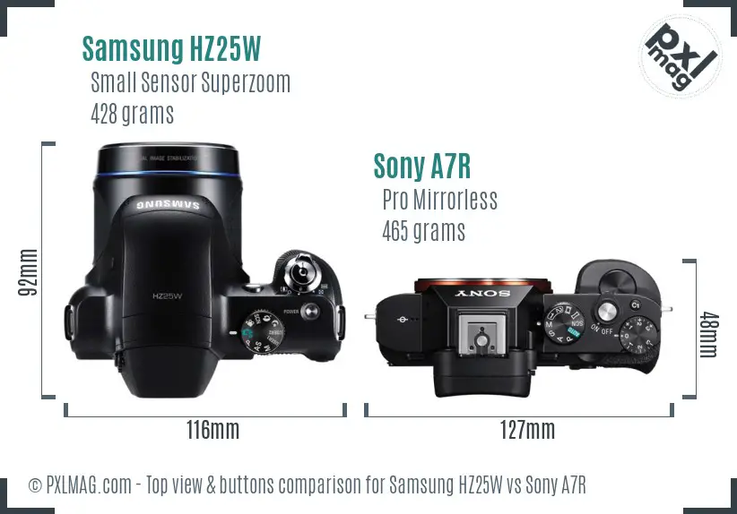 Samsung HZ25W vs Sony A7R top view buttons comparison