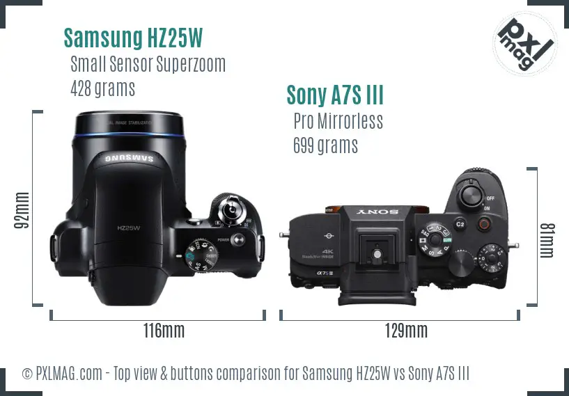 Samsung HZ25W vs Sony A7S III top view buttons comparison