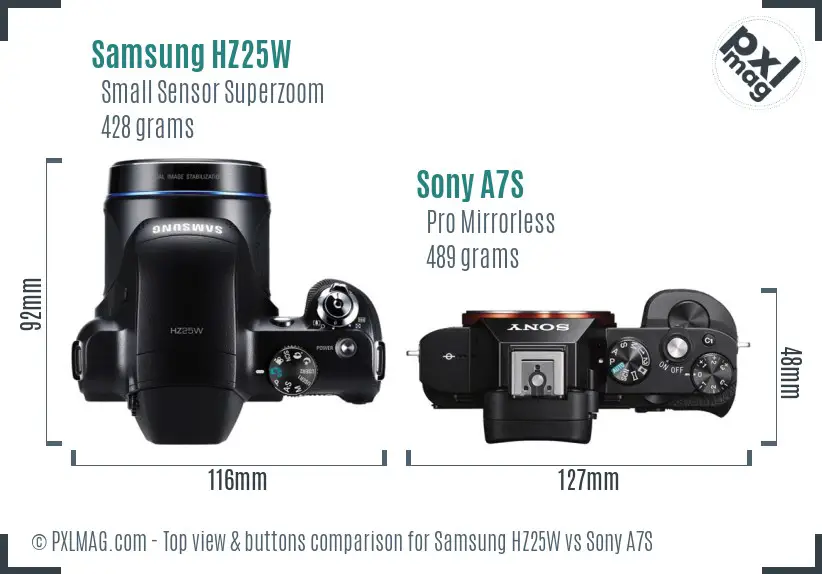Samsung HZ25W vs Sony A7S top view buttons comparison