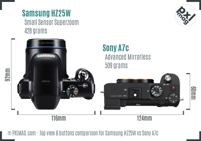 Samsung HZ25W vs Sony A7c top view buttons comparison