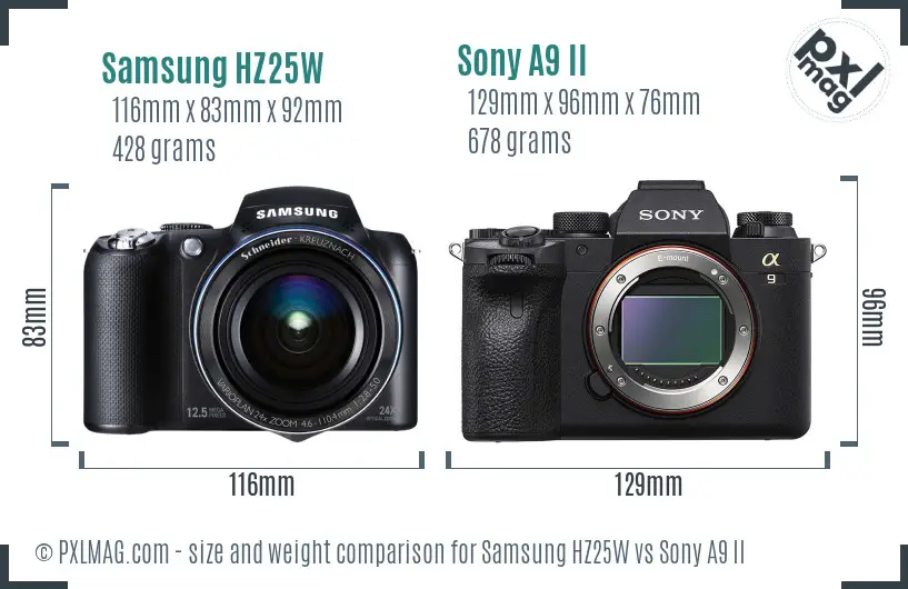 Samsung HZ25W vs Sony A9 II size comparison