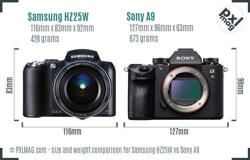 Samsung HZ25W vs Sony A9 size comparison