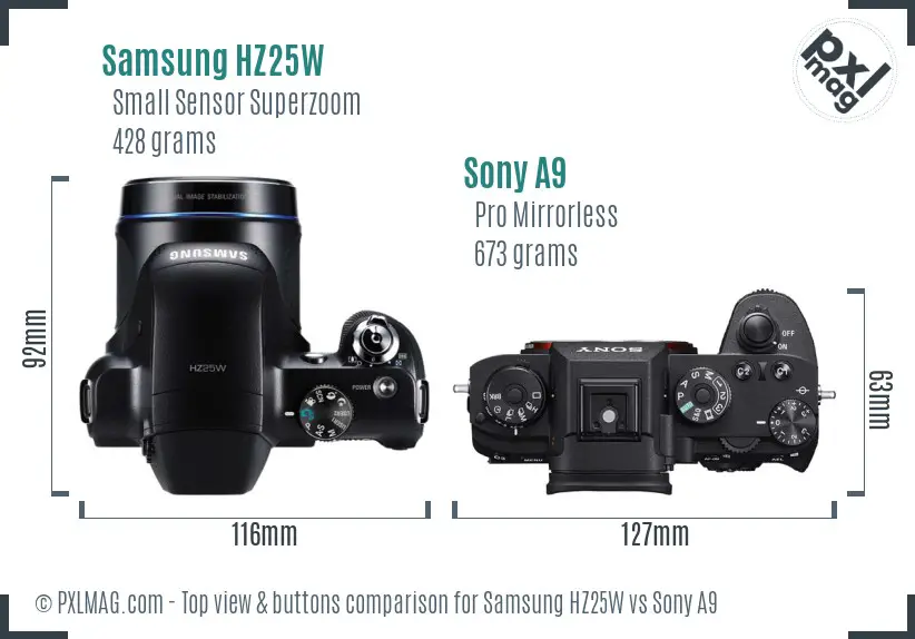 Samsung HZ25W vs Sony A9 top view buttons comparison