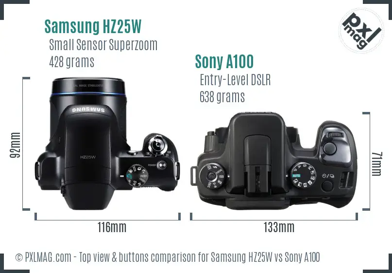 Samsung HZ25W vs Sony A100 top view buttons comparison