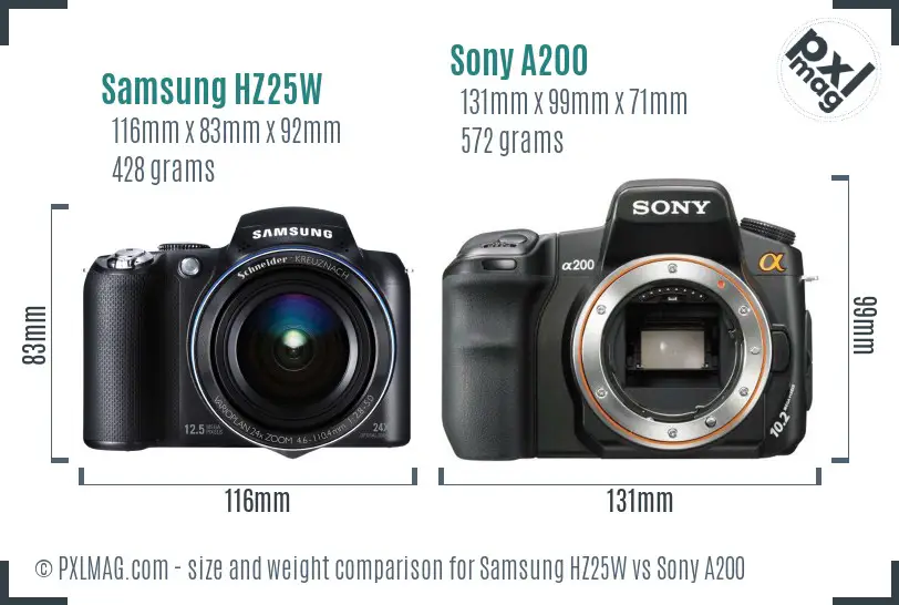 Samsung HZ25W vs Sony A200 size comparison