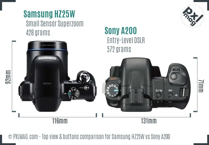 Samsung HZ25W vs Sony A200 top view buttons comparison