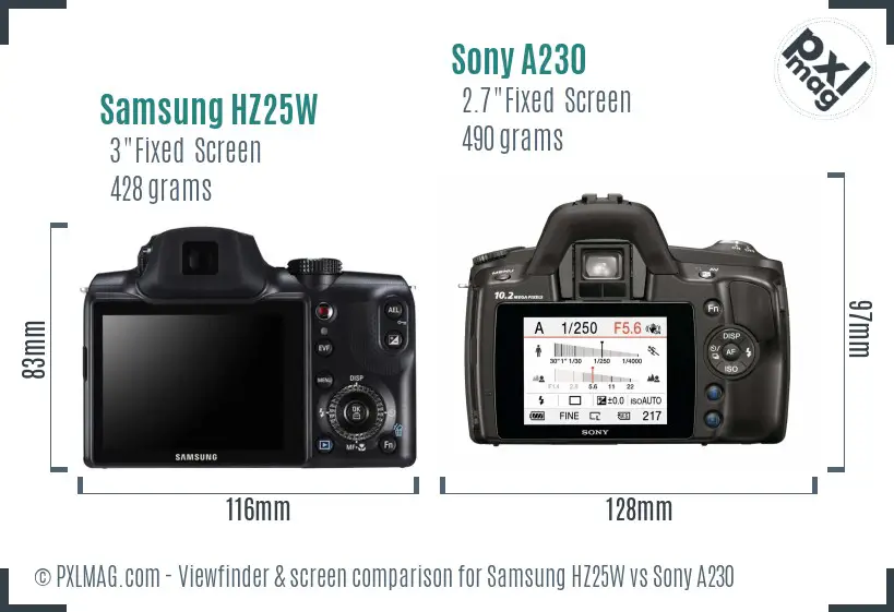 Samsung HZ25W vs Sony A230 Screen and Viewfinder comparison