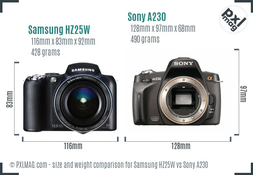 Samsung HZ25W vs Sony A230 size comparison