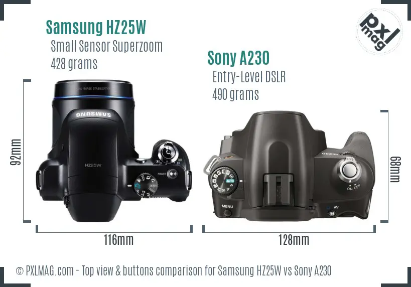 Samsung HZ25W vs Sony A230 top view buttons comparison