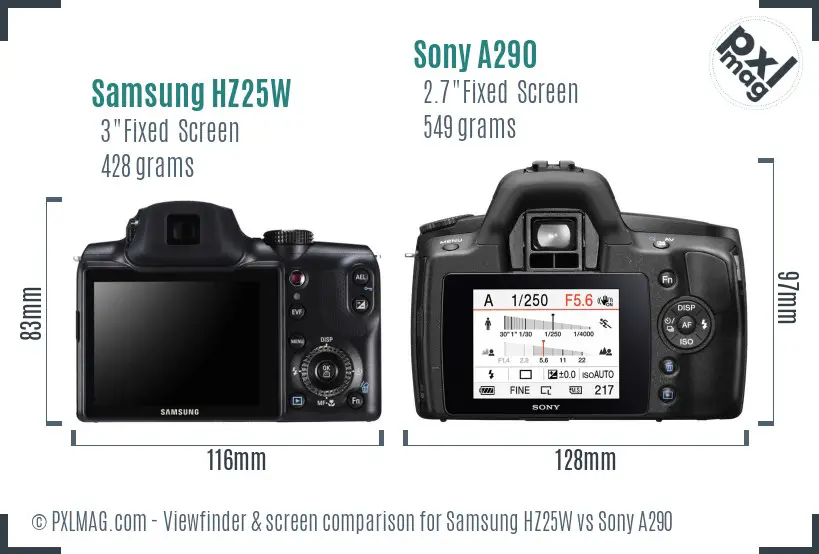 Samsung HZ25W vs Sony A290 Screen and Viewfinder comparison