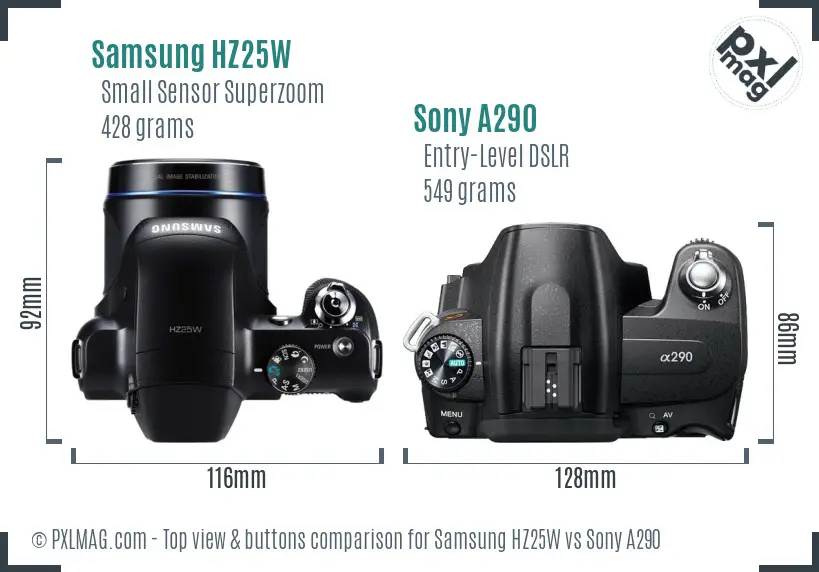 Samsung HZ25W vs Sony A290 top view buttons comparison