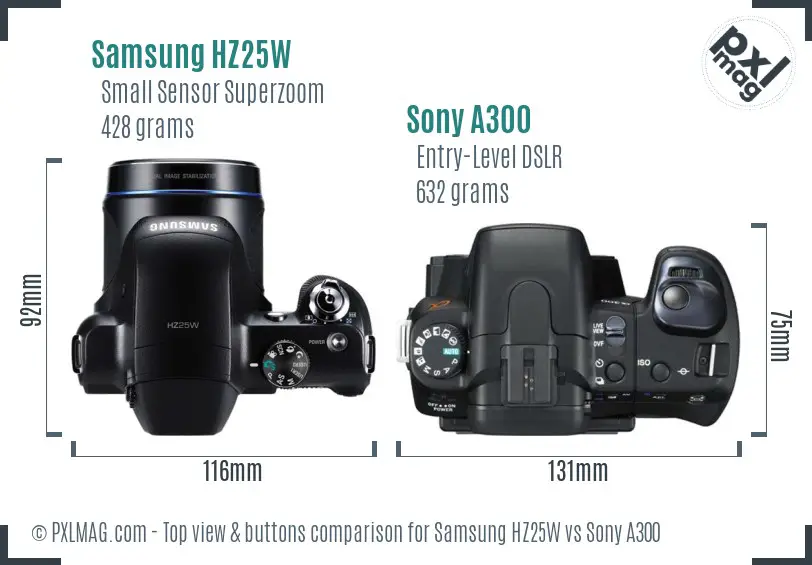 Samsung HZ25W vs Sony A300 top view buttons comparison