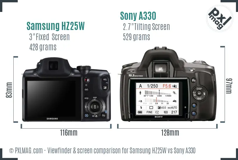 Samsung HZ25W vs Sony A330 Screen and Viewfinder comparison