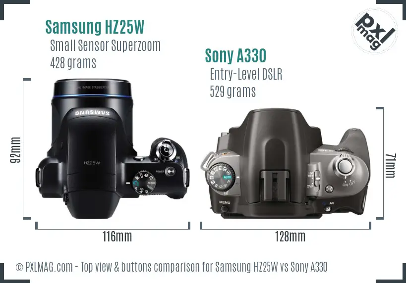 Samsung HZ25W vs Sony A330 top view buttons comparison