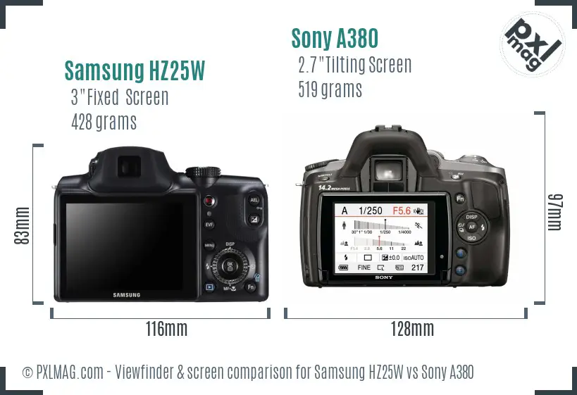 Samsung HZ25W vs Sony A380 Screen and Viewfinder comparison
