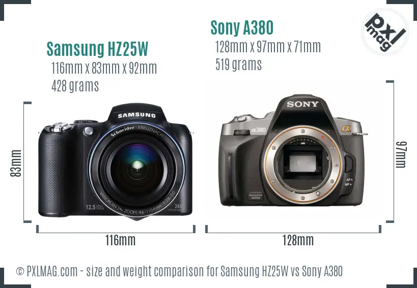 Samsung HZ25W vs Sony A380 size comparison