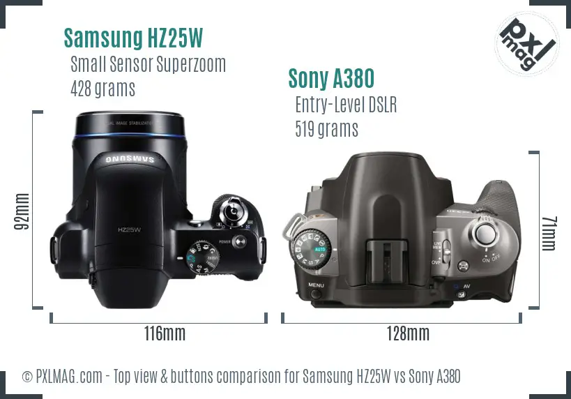 Samsung HZ25W vs Sony A380 top view buttons comparison
