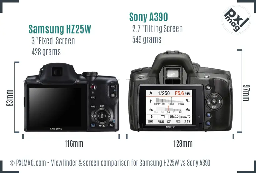 Samsung HZ25W vs Sony A390 Screen and Viewfinder comparison