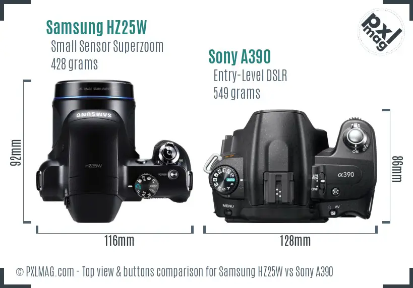 Samsung HZ25W vs Sony A390 top view buttons comparison
