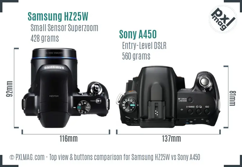Samsung HZ25W vs Sony A450 top view buttons comparison