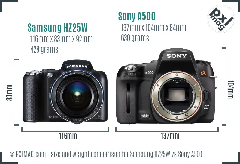 Samsung HZ25W vs Sony A500 size comparison