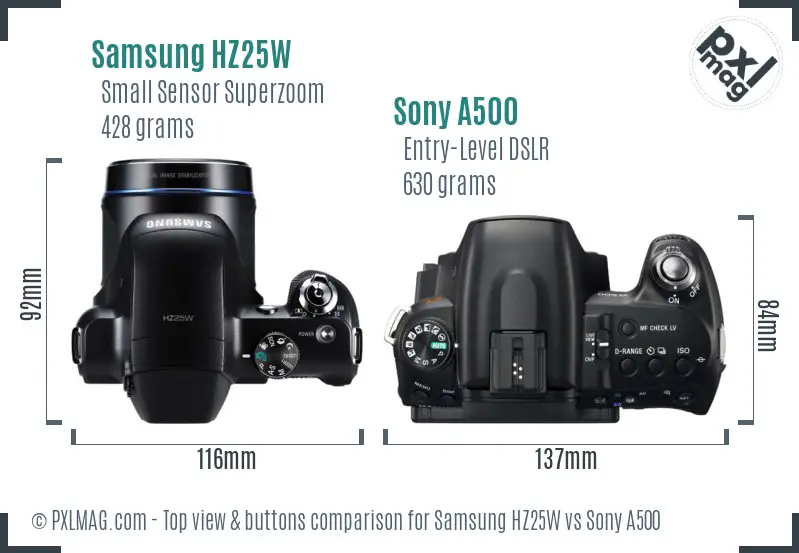 Samsung HZ25W vs Sony A500 top view buttons comparison