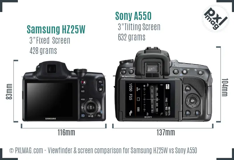 Samsung HZ25W vs Sony A550 Screen and Viewfinder comparison