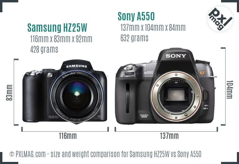 Samsung HZ25W vs Sony A550 size comparison