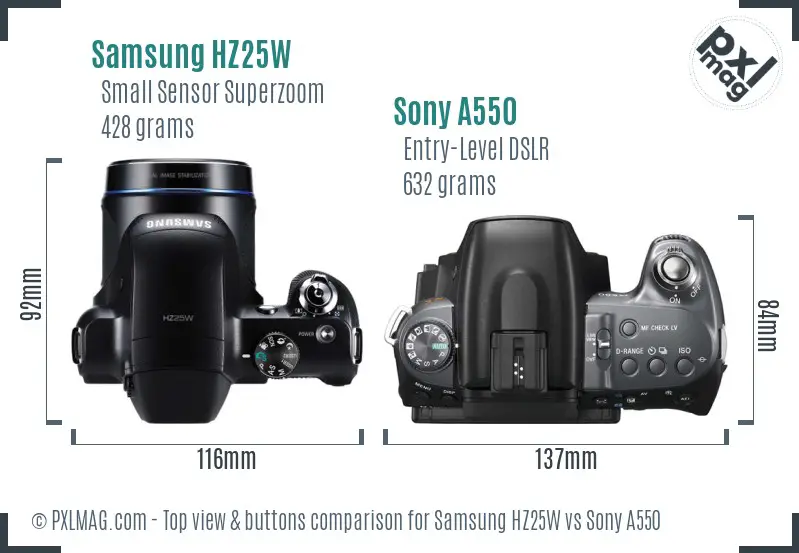 Samsung HZ25W vs Sony A550 top view buttons comparison