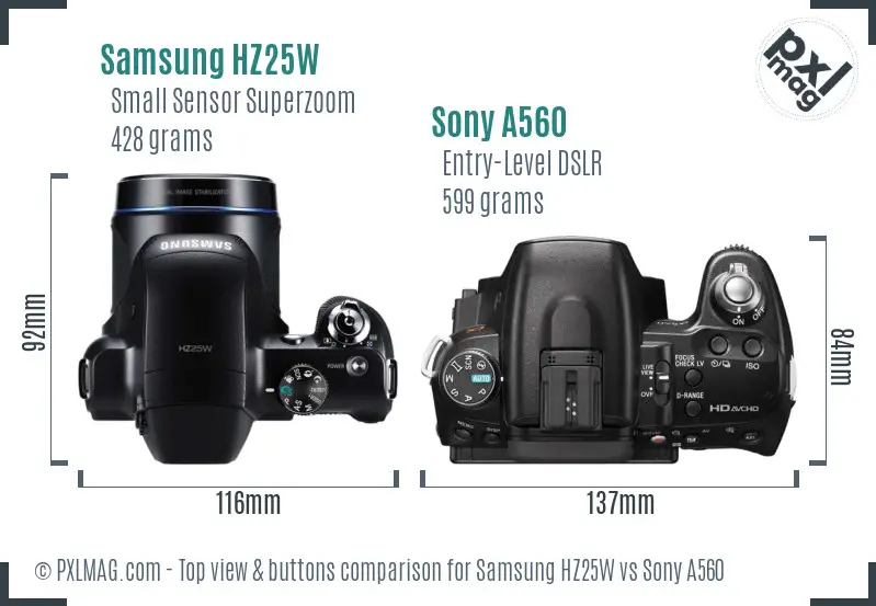 Samsung HZ25W vs Sony A560 top view buttons comparison