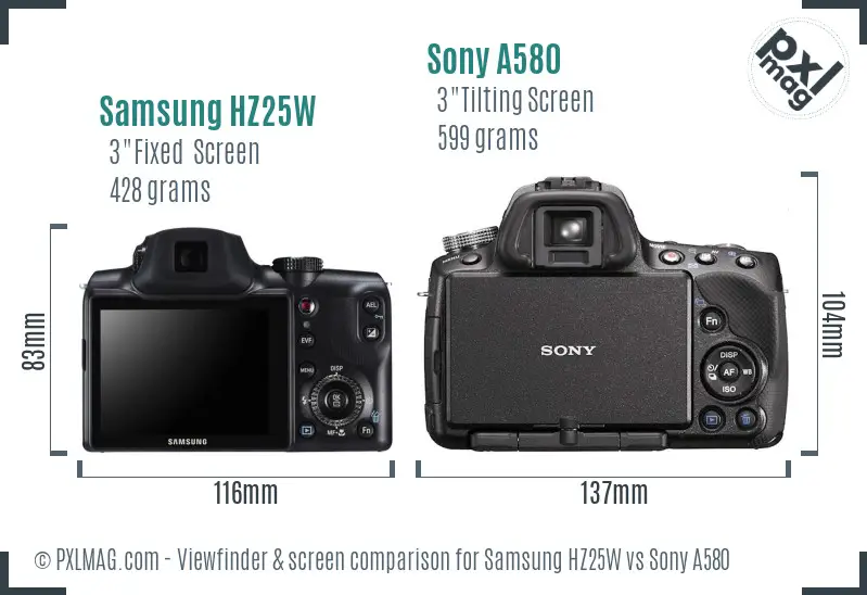 Samsung HZ25W vs Sony A580 Screen and Viewfinder comparison
