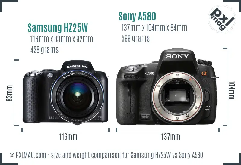 Samsung HZ25W vs Sony A580 size comparison