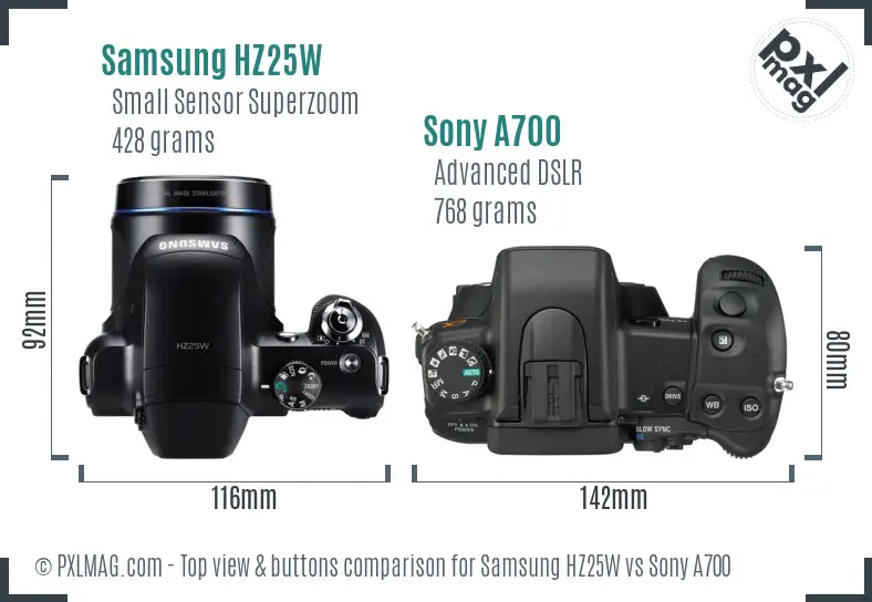 Samsung HZ25W vs Sony A700 top view buttons comparison