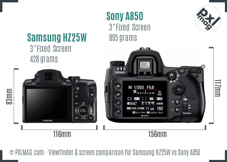 Samsung HZ25W vs Sony A850 Screen and Viewfinder comparison